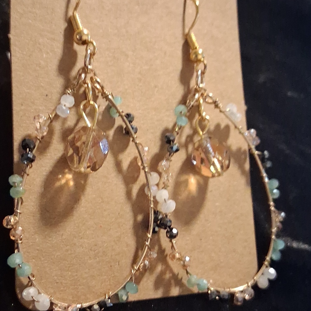 Gold and Multicolor Beaded Teardrop Earrings - Picture 4 of 6